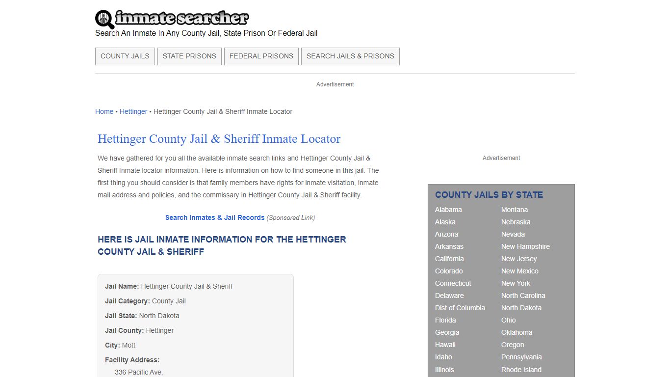 Hettinger County Jail & Sheriff Inmate Locator - Inmate Searcher